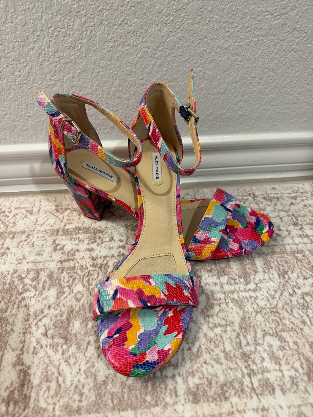 Alex Marie Multicolor Ankle-Strap Block Heel Sandals - Pink, Yellow & Blue